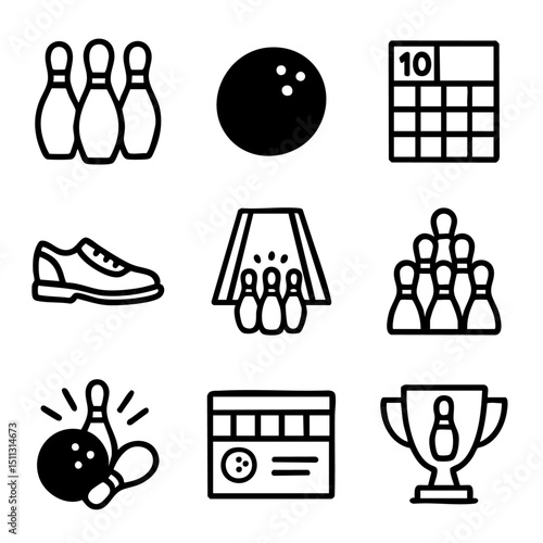 A set of doodle line icons showing various elements of bowling such as pins, ball, shoes, lane, scoreboard, and trophy