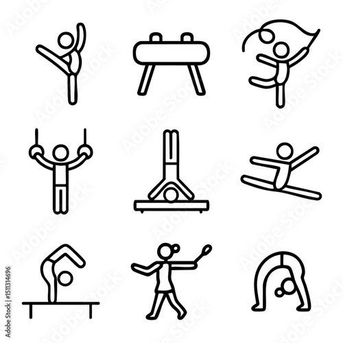 A set of doodle line icons illustrating gymnasts performing on rings, beam, pommel horse, and with rhythmic tools like ribbon and ball