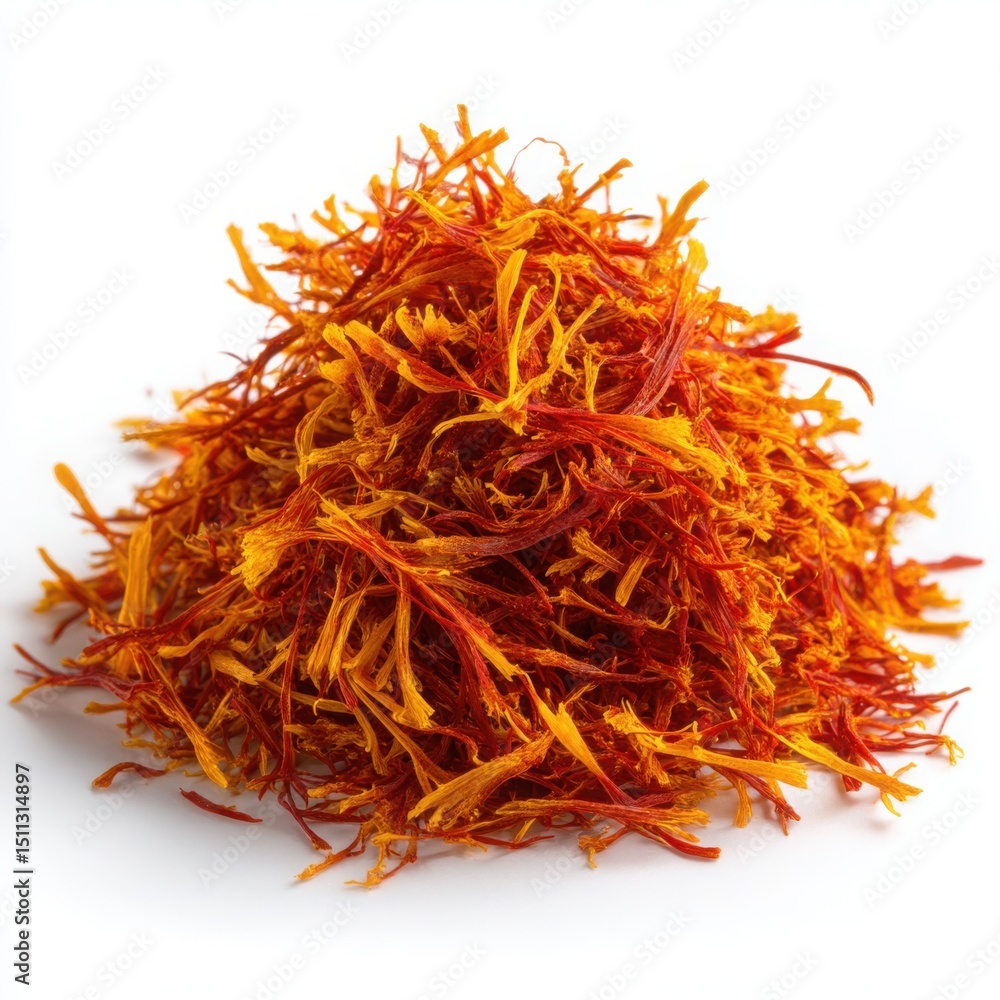 Fototapeta premium Saffron Threads Photo: Pile of Red Gold Spice on White Background. Culinary Ingredient, Cooking, Food Photography.