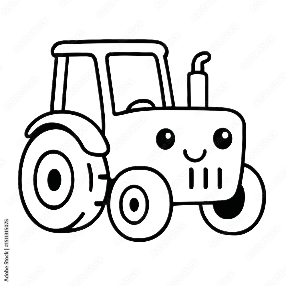 Fototapeta premium Cute Tractor on a farm: A monochrome illustration of a delightful tractor, exuding a sense of joy and cheerfulness. Simple lines create a playful atmosphere.