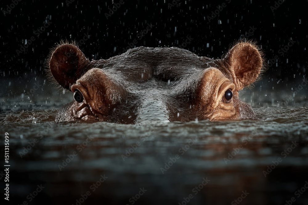 Fototapeta premium Hippopotamus in Water: Portrait of Hippo Submerged in River During Rain, Wildlife Photography, Dark Background