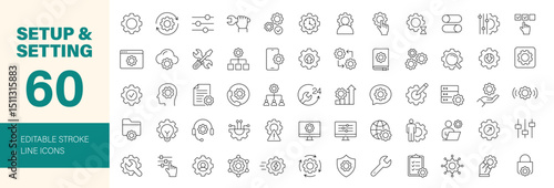Setting Setup icon set. Containing option, installation, optimization, gear, control, panel, equalizer, data, management, tool and more. Editable line icons. Vector illustration.