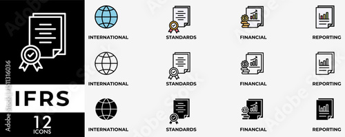 IFRS icon set with various styles and colors of global, network, money, documents, books, and writing