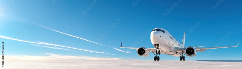 Airplane Taking Off Against Clear Blue Sky and Snowy Landscape