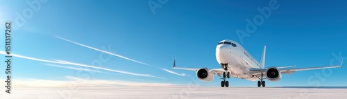 Airplane Taking Off Against Clear Blue Sky and Snowy Landscape