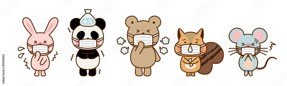 マスクをした体調不良の動物キャラクターたちのイラスト(風邪・感染対策・保育素材) マスクをした体調不良の動物キャラクターたちのイラスト(風邪・感染対策・保育素材)