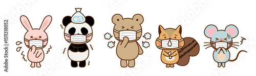 マスクをした体調不良の動物キャラクターたちのイラスト（風邪・感染対策・保育素材）