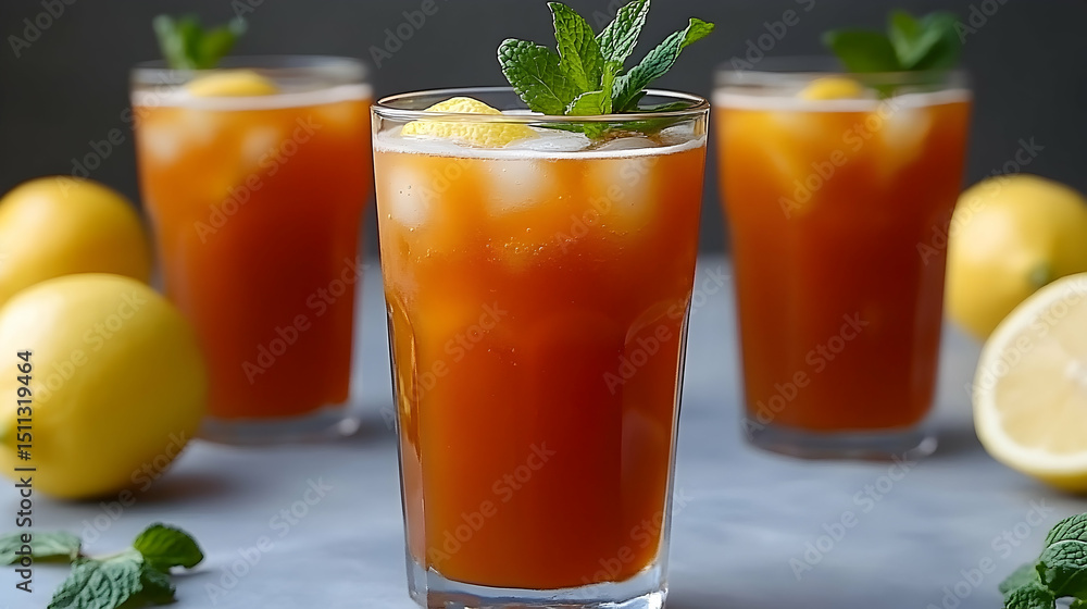 Fototapeta premium Refreshing iced tea drink with lemon and mint garnish in glasses