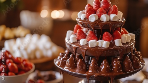 Chocolate fountain with strawberries, marshmallows, and other treats on a tiered stand. Perfect for dessert tables, parties, celebrations, or chocolate-themed projects.