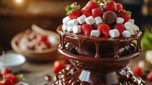 Chocolate fountain with strawberries and marshmallow close-up. Perfect for party, birthday, events, or dessert themed content.