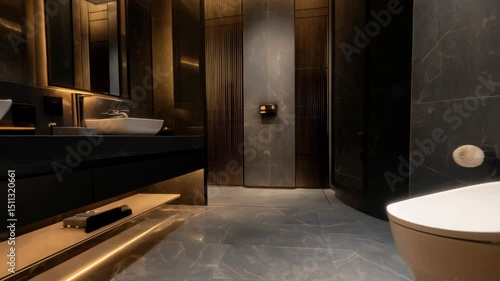 Modern bathroom interior with black marble walls, illuminated vanity, and sleek, minimalist design for luxury living.