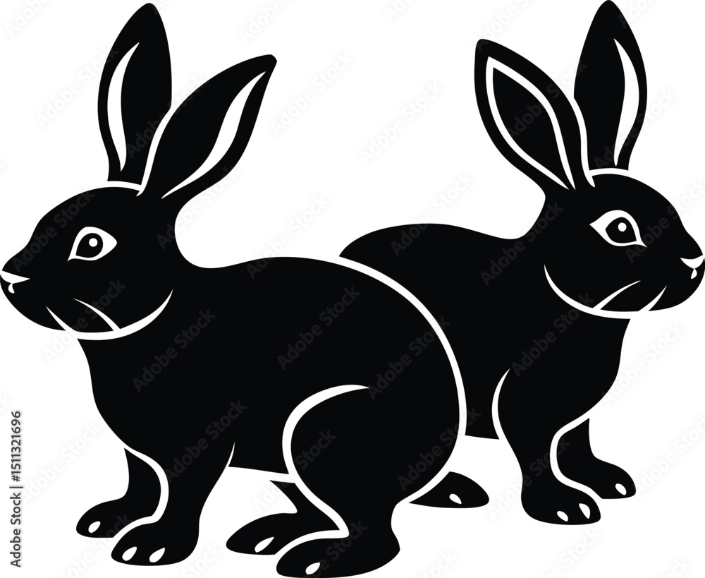 Two Black Rabbits Illustration in Silhouette Style on a White Background Two Black Rabbits Illustration in Silhouette Style on a White Background