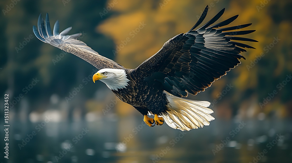 Fototapeta premium Majestic bald eagle soaring through the air.