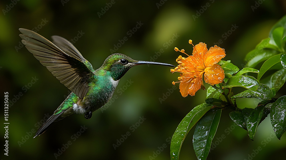Fototapeta premium A hummingbird hovers near a vibrant orange flower.
