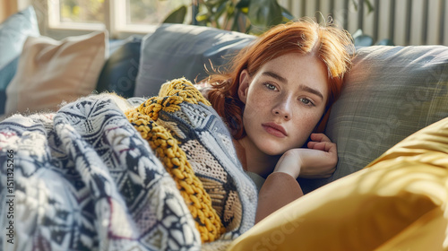 Tired exhausted woman resting on couch wrapped in blanket, recovering from sickness and fatigue, concept of health care, wellness and self care at home.
