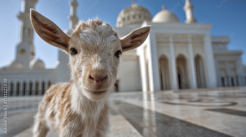 Fototapeta premium Adorable Baby Goat Kid Close Up Portrait Mosque Background Young Animal Fluffy Fur Sweet Expression Cute Friendly Farm Animal Domestic Goat White Brown Colors Spring 