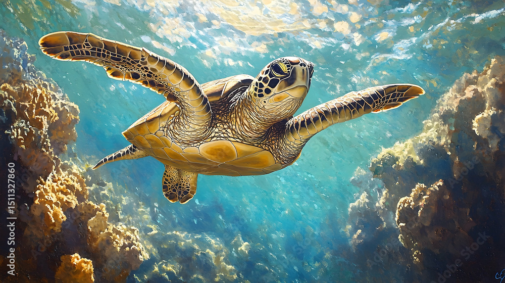 Underwater sea turtle amongst coral reefs. Underwater sea turtle amongst coral reefs.