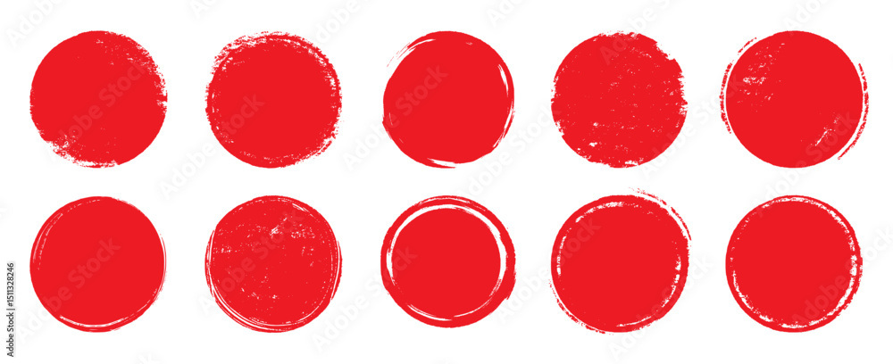 Japan circle red sun brush stamp watercolor paint shape sets. Hand drawn rough red Japanese flag circle shape ink brush stroke texture. Grunge asian rough badge element pack. Vector illustration