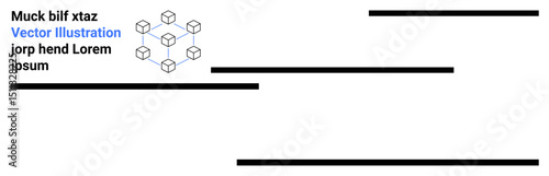 Cube grid structure connecting nodes, paired with bold horizontal lines and text elements. Ideal for technology, connection, innovation, science, structure, modern design, simple landing page