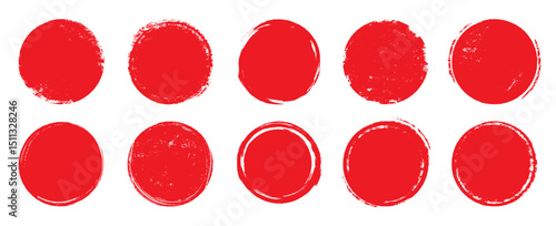 Japan circle red sun brush stamp watercolor paint shape sets. Hand drawn rough red Japanese flag circle shape ink brush stroke texture. Grunge asian rough badge element pack. Vector illustration