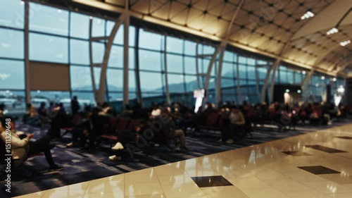 Busy airport terminal in Hong Kong filled with travelers waiting for flights. Large glass windows showcase views of planes, creating a modern and bustling atmosphere