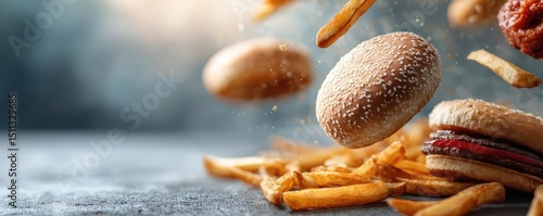Fast food and soda taste with high sugar calories concept. Delicious burgers and fries captured in a dynamic frozen motion.