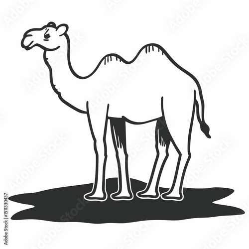 A single-humped camel stands on the desert sand, a simple yet evocative illustration in black and white. Generative AI