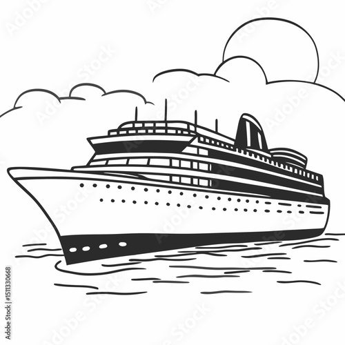 Majestic cruise ship glides across tranquil sea under sunny sky, evoking feelings of wanderlust and relaxation in a minimalist black and white drawing. Generative AI