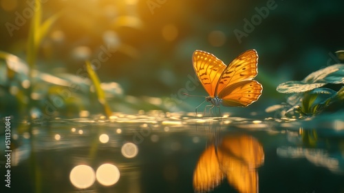 Golden butterfly rests gently on water's edge,  sunlit  forest  background.  Soft reflection
