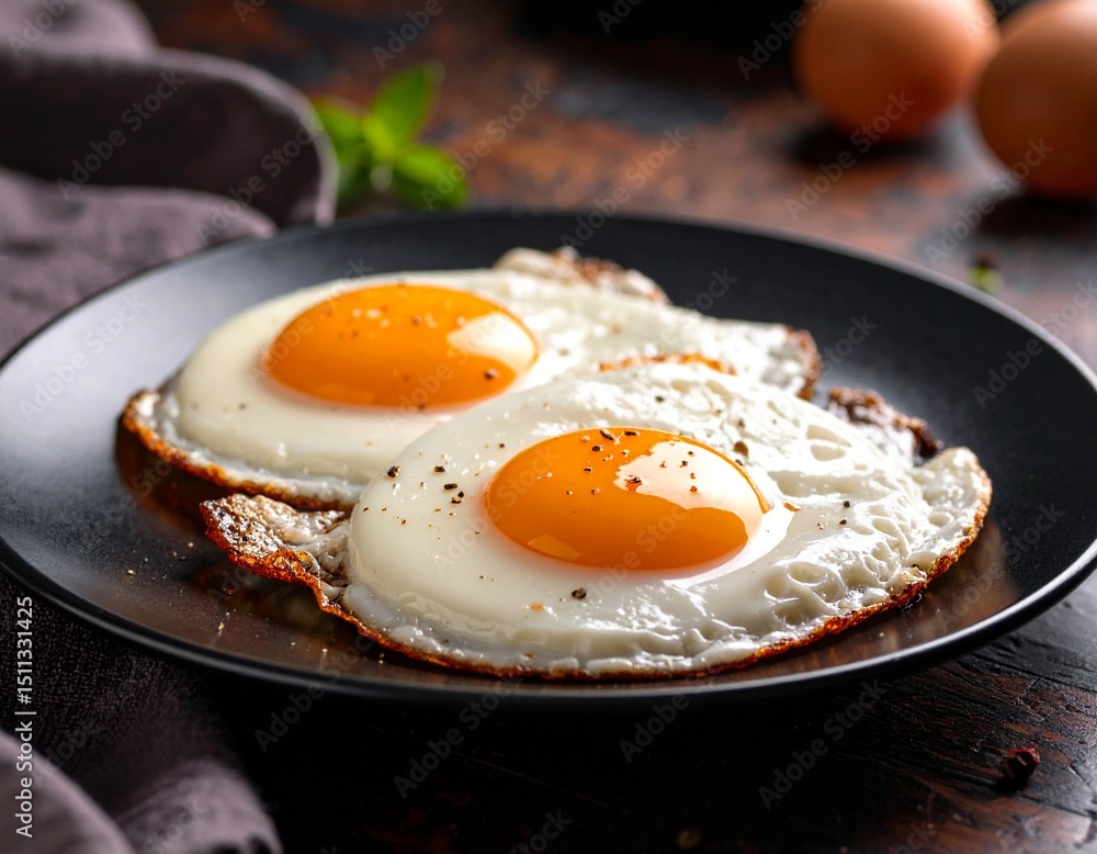 fried eggs on a plate on a wooden table fried eggs on a plate on a wooden table