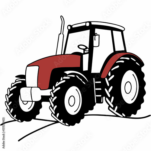 A detailed illustration of a heavy-duty red tractor with bold black tires, standing on a farm path. This graphic showcases the strength and purpose of agricultural machinery. Generative AI