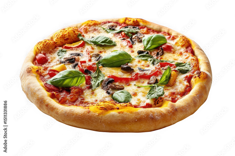 Delicious italian pizza with mozzarella cheese, basil, mushrooms, and red peppers - food photography, restaurant menu, isolated on transparent background Delicious italian pizza with mozzarella cheese, basil, mushrooms, and red peppers - food photography, restaurant menu, isolated on transparent background