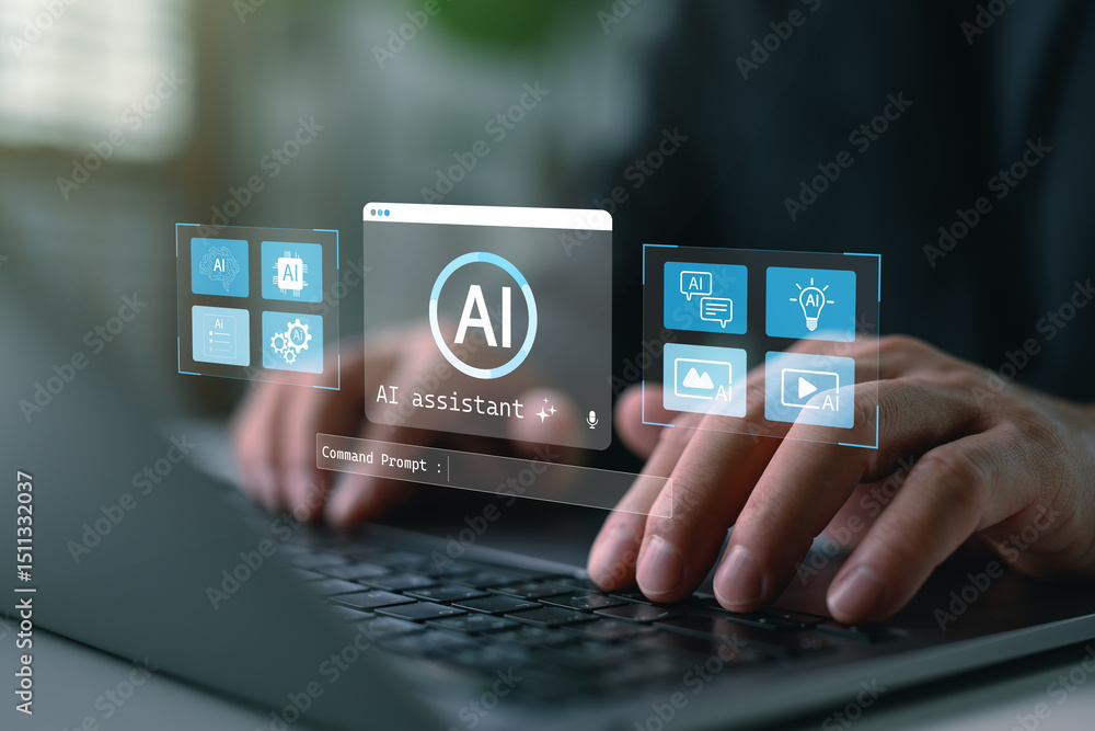 AI assistant dashboard interface with hands typing on laptop and virtual command prompt, representing artificial intelligence tools, smart assistant system, and digital automation solutions. AI assistant dashboard interface with hands typing on laptop and virtual command prompt, representing artificial intelligence tools, smart assistant system, and digital automation solutions.