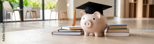 Graduation Savings Concept with Piggy Bank and Books on Floor