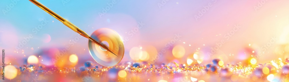 Fototapeta premium Gold Paintbrush Touching Circular Surface with Colorful Background