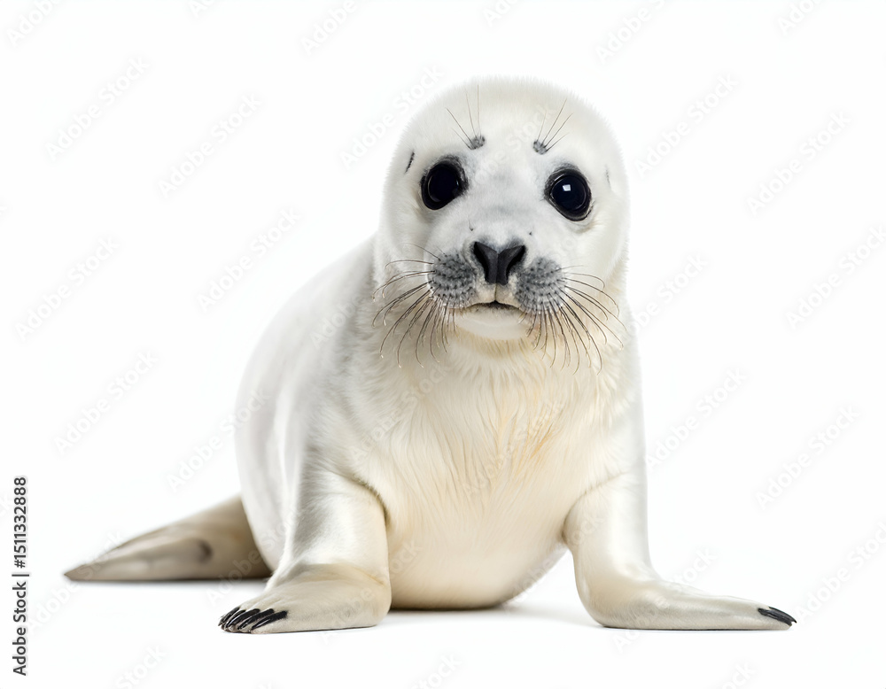 Adorable Harp Seal Pup Big Eyes, Wet Fur, Isolated on White Adorable Harp Seal Pup Big Eyes, Wet Fur, Isolated on White