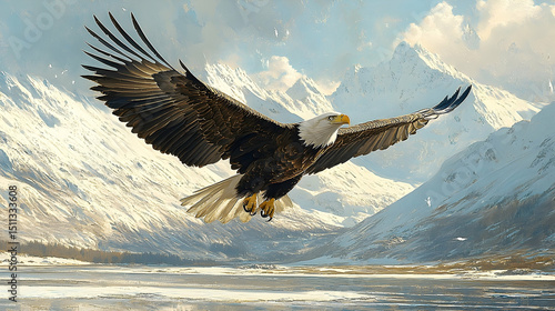 Majestic bald eagle soaring above a wintry landscape.