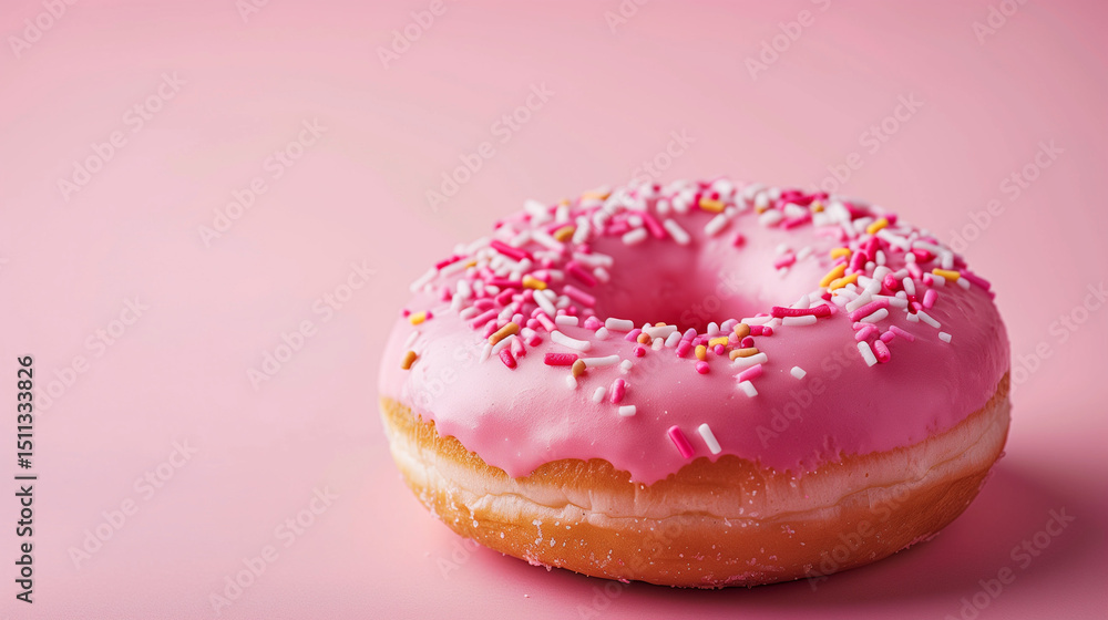 Sprinkled Pink Donut. Pink frosted sprinkled donut on pink background Sprinkled Pink Donut. Pink frosted sprinkled donut on pink background