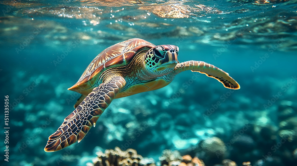Obraz premium Colorful sea turtle gracefully swimming in the ocean depths.