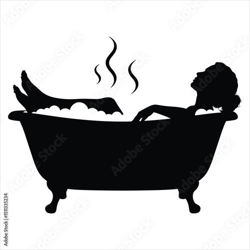 Vector graphic of a black silhouette of a person reclining and relaxing in a classic clawfoot bathtub