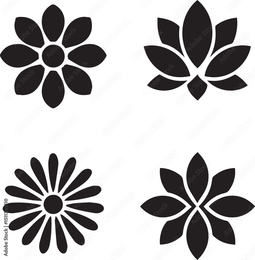 Obraz premium flower shape vector, floral icon set, flowers vector silhouette, symmetrical floral patterns, lotus, petals, abstract blossoms, nature design floral elements illustrations