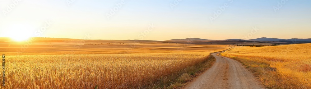 Obraz premium Serene Dirt Path Through Golden Wheat Fields at Sunset in Nature