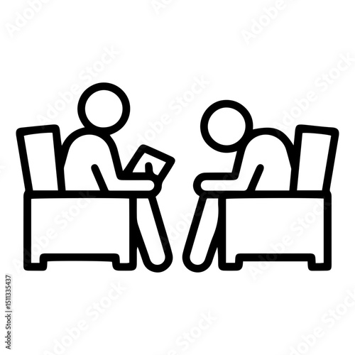 An (outline style) illustration of two stylized human figures engaged in a private session, symbolizing counseling, therapy, guidance, and support. One figure holds a notepad, while the other hunched