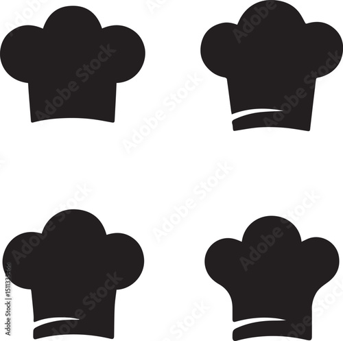 Chef hat silhouette icons set, professional cooking symbols, kitchen uniform vector designs, culinary logo concepts, food industry illustrations, chef hats for branding, menus, advertisements
