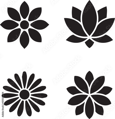 Black flower vector set feature abstract floral design silhouettes, and geometric patterns. Ideal for decoration, logos, and design projects. Includes minimalist botanical elements for creative illust