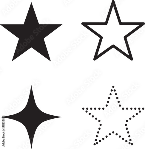 Star Vector Illustration:, star silhouette vector illustration featuring a diverse collection of stars and star like shapes,showcases solid, outlined, and dotted stars