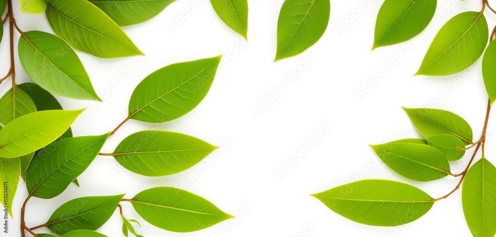 Crisp, vibrant green leaves isolated on pure white background, leaves, leaf design Crisp, vibrant green leaves isolated on pure white background, leaves, leaf design