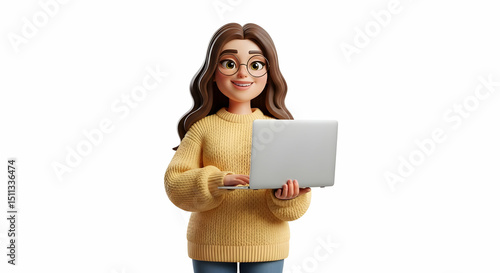 A cheerful 3D-rendered woman with long brown hair, wearing glasses and a yellow sweater, uses a laptop.  She looks happy and engaged in her work.