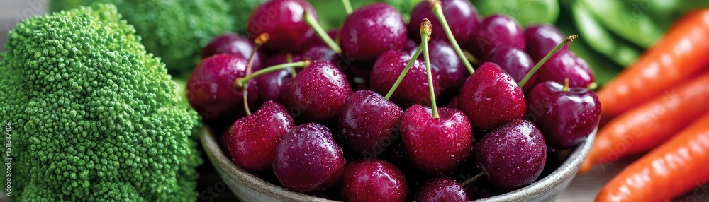 Cherry benefits for gout with vegetables for prevention concept. Fresh cherries and vegetables in a rustic bowl on a wooden table. Cherry benefits for gout with vegetables for prevention concept. Fresh cherries and vegetables in a rustic bowl on a wooden table.