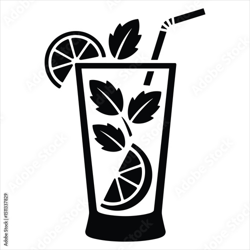 Vector graphic of a black silhouette of a mojito glass, tall and narrow, with mint leaves